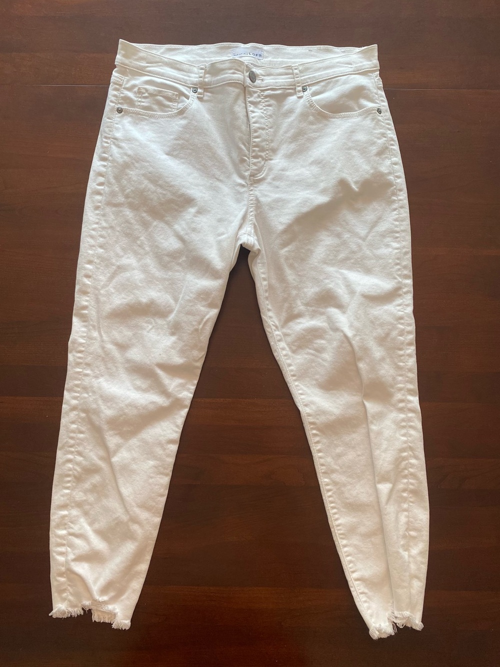 LOFT skinny crop distressed white jeans